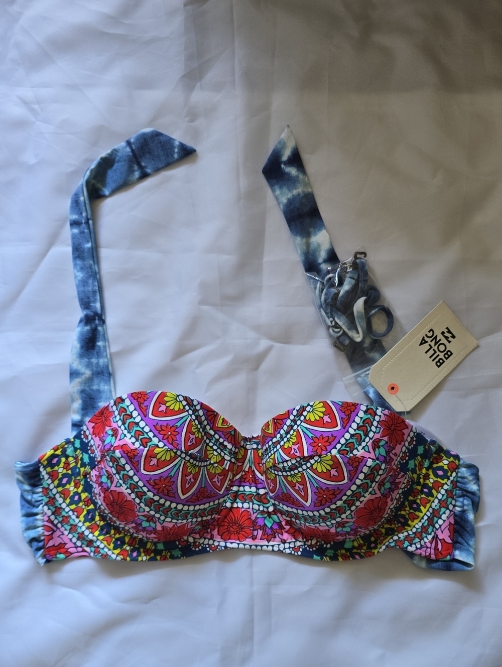 NWT Billabong Pink and Blue Printed Bandeau Bikini Top